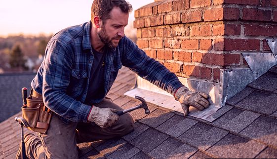 Flashing tacked by evening lamplight on a Ridgewood chimney